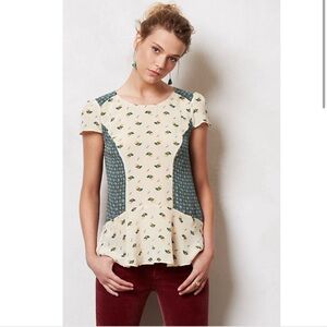 Maeve Anthropologie 100% Silk Acorn Peplum Blouse, 0